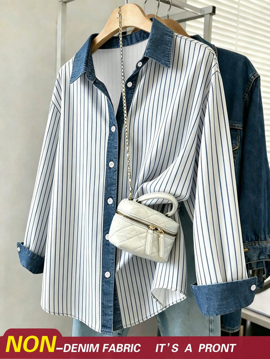 Franclia Women's Summer Striped Patchwork Retro Print Shirt