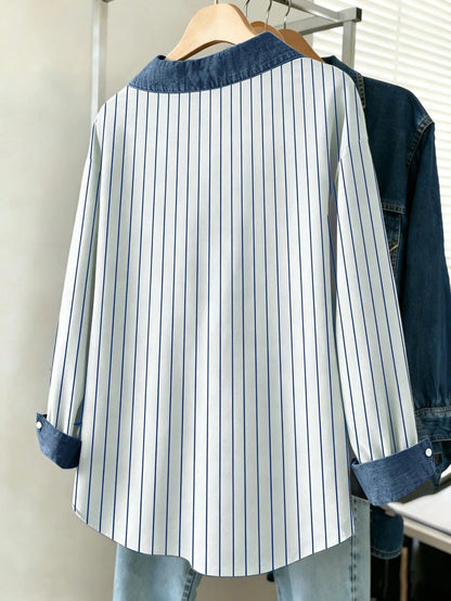 Franclia Women's Summer Striped Patchwork Retro Print Shirt