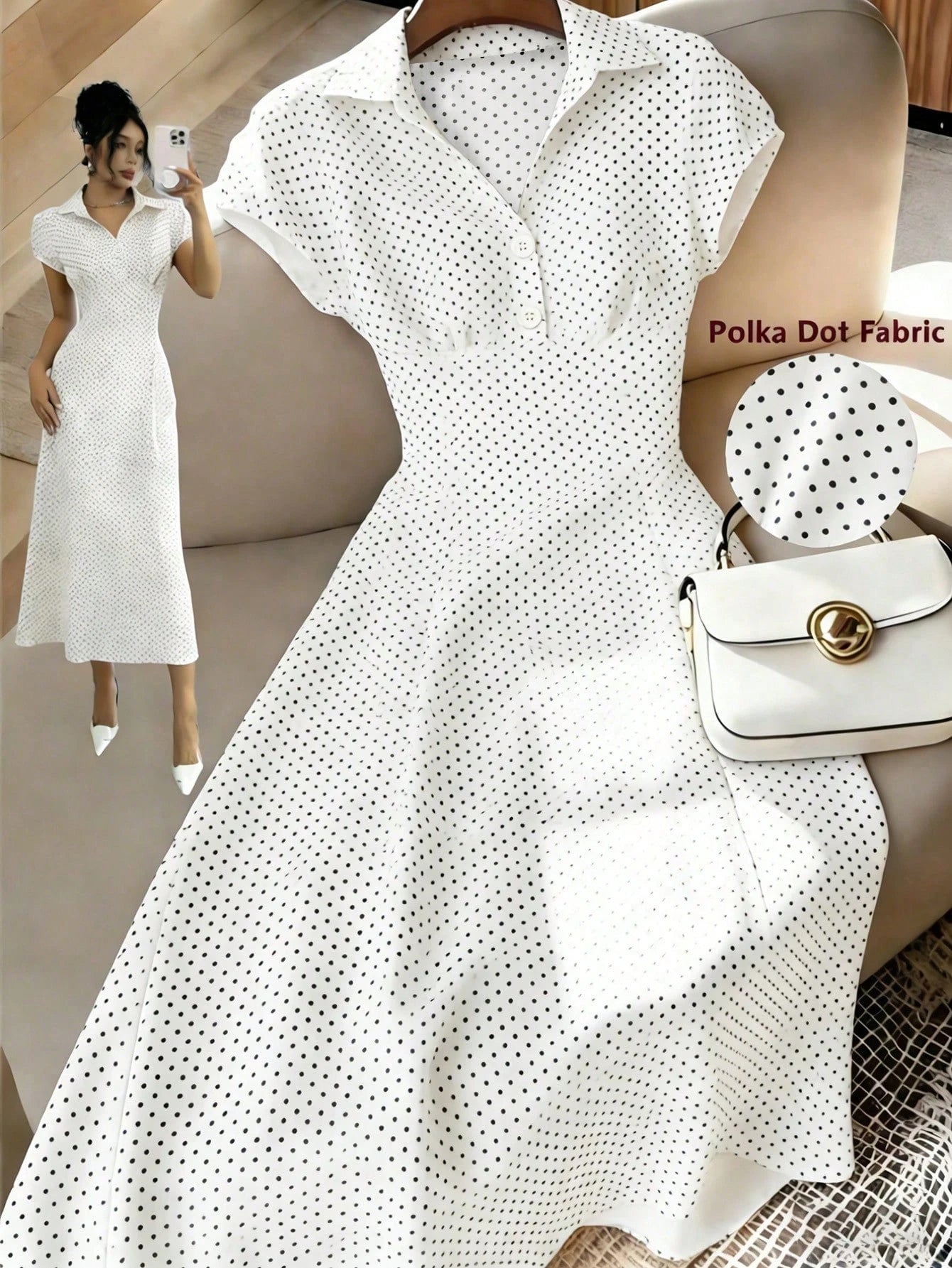 Franclia Women's Vintage V-Neck White With Black Polka Dots Dress,Elegant Summer A-Line Short Sleeve French Style Dress,Flattering Fit Brunch Office Wear