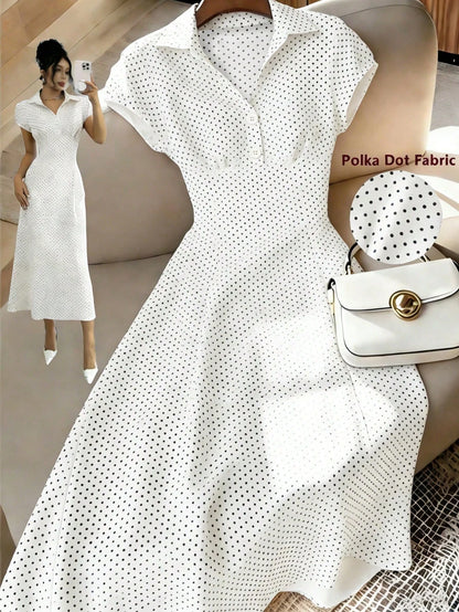 Franclia Women's Vintage V-Neck White With Black Polka Dots Dress,Elegant Summer A-Line Short Sleeve French Style Dress,Flattering Fit Brunch Office Wear
