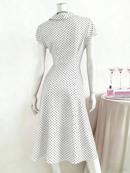 Franclia Women's Vintage V-Neck White With Black Polka Dots Dress,Elegant Summer A-Line Short Sleeve French Style Dress,Flattering Fit Brunch Office Wear