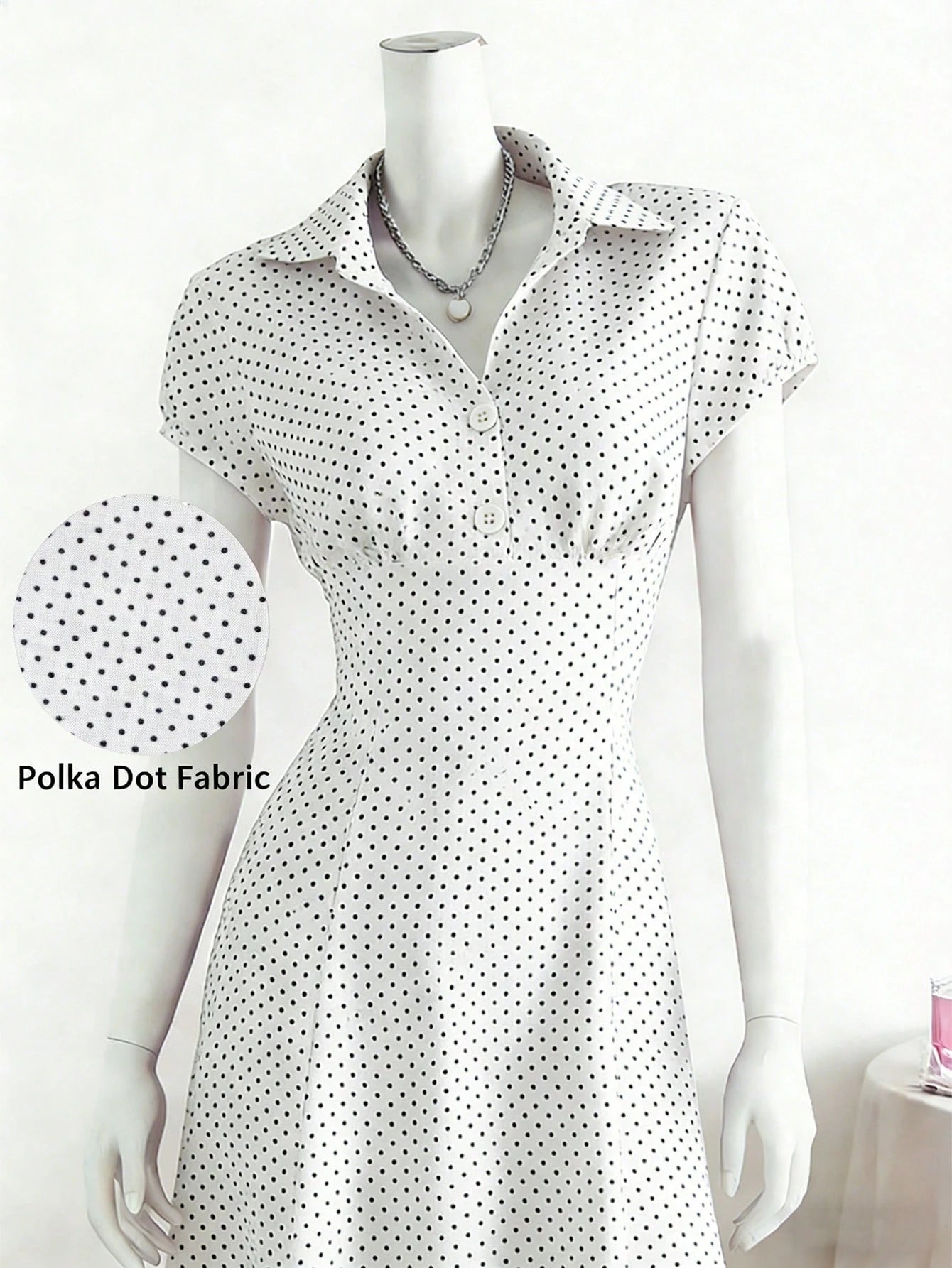 Franclia Women's Vintage V-Neck White With Black Polka Dots Dress,Elegant Summer A-Line Short Sleeve French Style Dress,Flattering Fit Brunch Office Wear