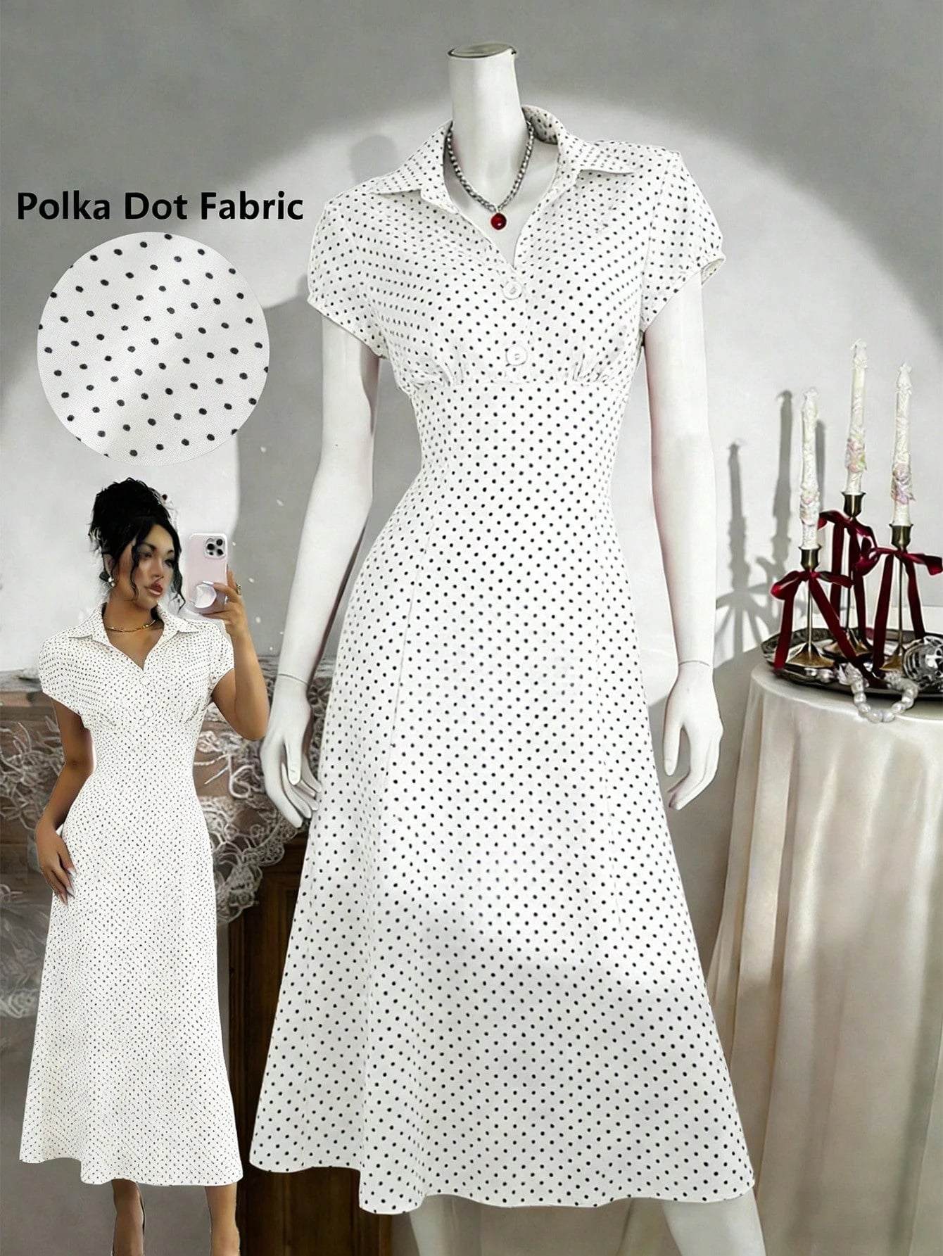 Franclia Women's Vintage V-Neck White With Black Polka Dots Dress,Elegant Summer A-Line Short Sleeve French Style Dress,Flattering Fit Brunch Office Wear