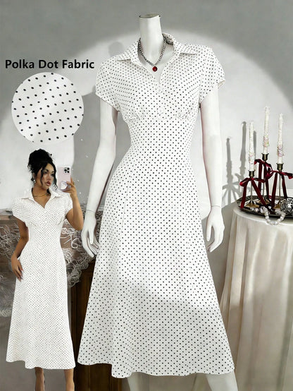 Franclia Women's Vintage V-Neck White With Black Polka Dots Dress,Elegant Summer A-Line Short Sleeve French Style Dress,Flattering Fit Brunch Office Wear