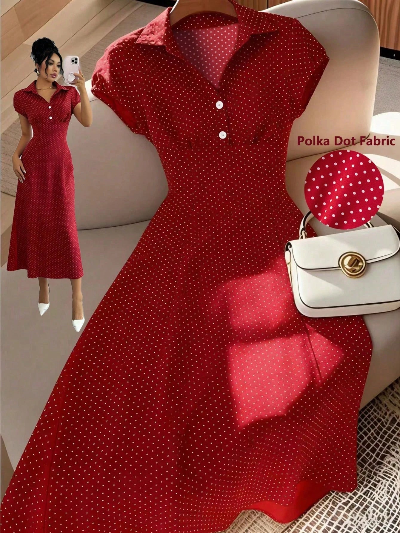 Franclia Women's Vintage V-Neck White With Black Polka Dots Dress,Elegant Summer A-Line Short Sleeve French Style Dress,Flattering Fit Brunch Office Wear