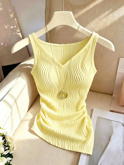 Franclia Women's White Sleeveless V-Neck Tank Top,Chic Elegant Summer Everyday Knit Fabric,Asymmetrical Wavy Hem,Elastic Sides,Fitted Versatile All-Match