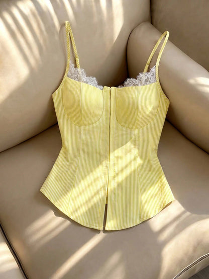 Franclia Women's Yellow,Summer,Elegant,Brunch Y2K Retro Lace Trim Button Front Camisole,Striped V-Neck Slim Fit Crop Top For Party,Daily Wear & Club