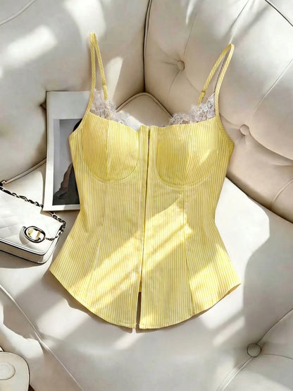 Franclia Women's Yellow,Summer,Elegant,Brunch Y2K Retro Lace Trim Button Front Camisole,Striped V-Neck Slim Fit Crop Top For Party,Daily Wear & Club