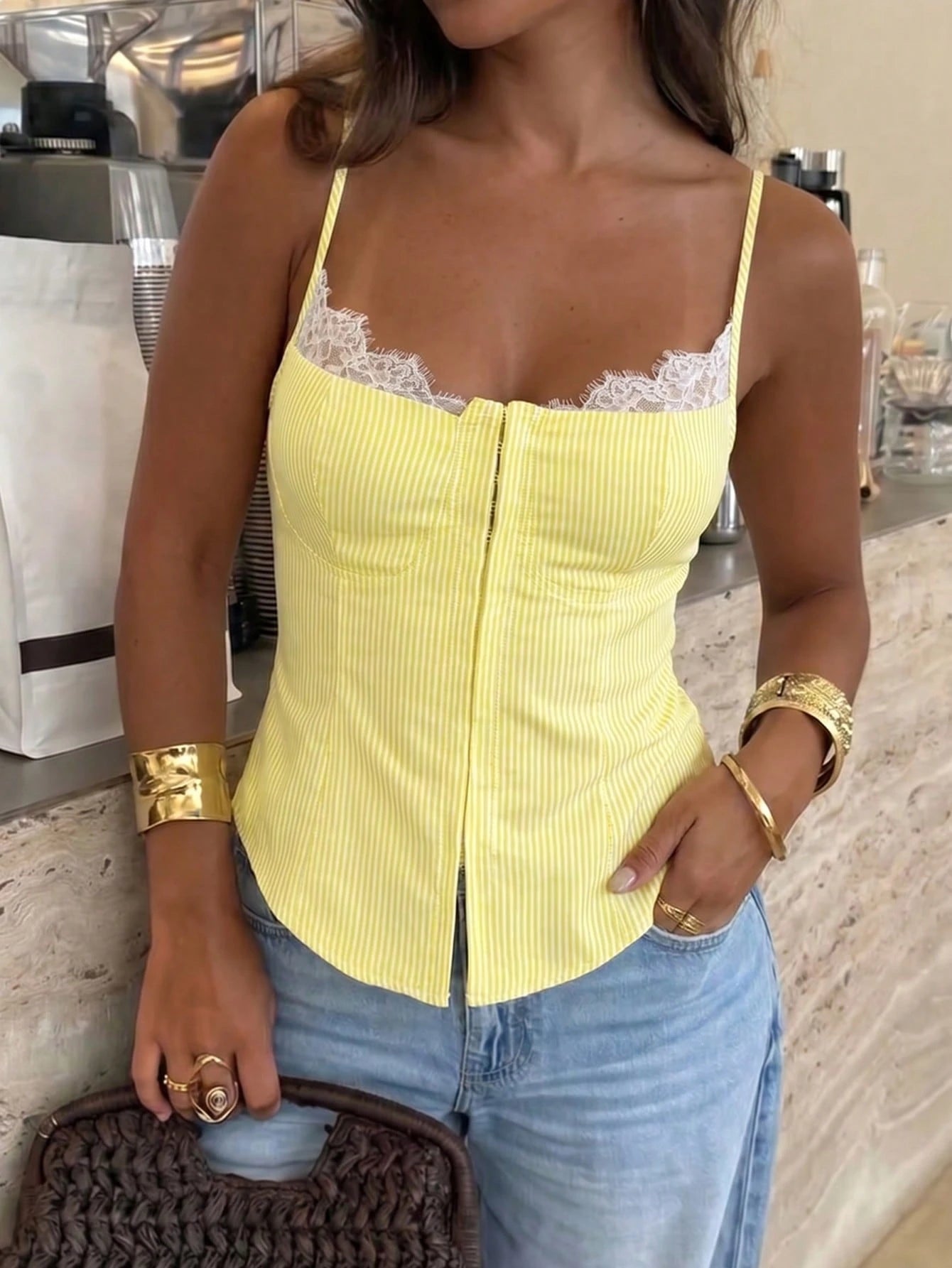 Franclia Women's Yellow,Summer,Elegant,Brunch Y2K Retro Lace Trim Button Front Camisole,Striped V-Neck Slim Fit Crop Top For Party,Daily Wear & Club
