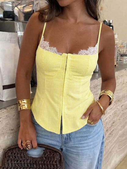 Franclia Women's Yellow,Summer,Elegant,Brunch Y2K Retro Lace Trim Button Front Camisole,Striped V-Neck Slim Fit Crop Top For Party,Daily Wear & Club