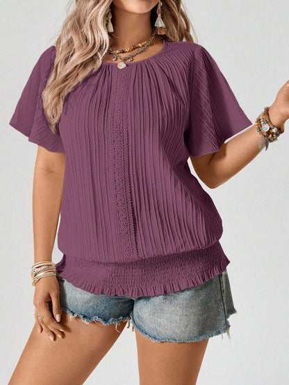 Freevana Maroon Summer Boho Vacation Women's Plus Size Blouse,Ruffled Hem Elastic Waist Short Sleeve Round Neck Pullover Top,Casual Smart Business Tops