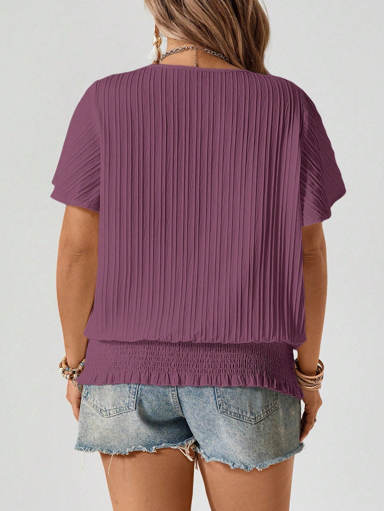 Freevana Maroon Summer Boho Vacation Women's Plus Size Blouse,Ruffled Hem Elastic Waist Short Sleeve Round Neck Pullover Top,Casual Smart Business Tops