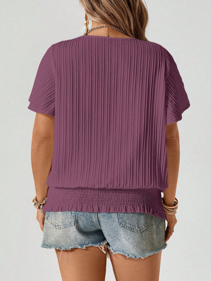 Freevana Maroon Summer Boho Vacation Women's Plus Size Blouse,Ruffled Hem Elastic Waist Short Sleeve Round Neck Pullover Top,Casual Smart Business Tops