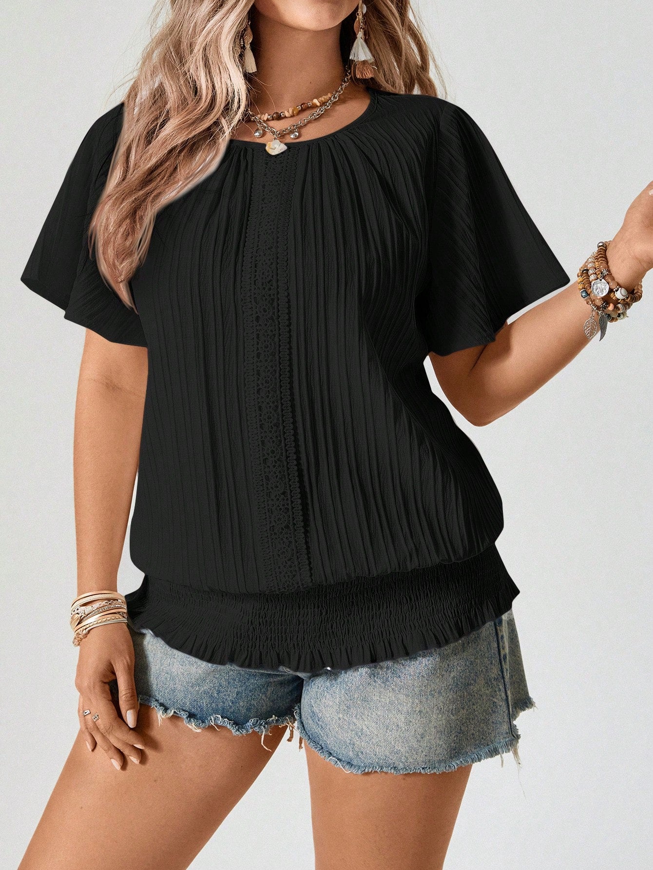 Freevana Maroon Summer Boho Vacation Women's Plus Size Blouse,Ruffled Hem Elastic Waist Short Sleeve Round Neck Pullover Top,Casual Smart Business Tops