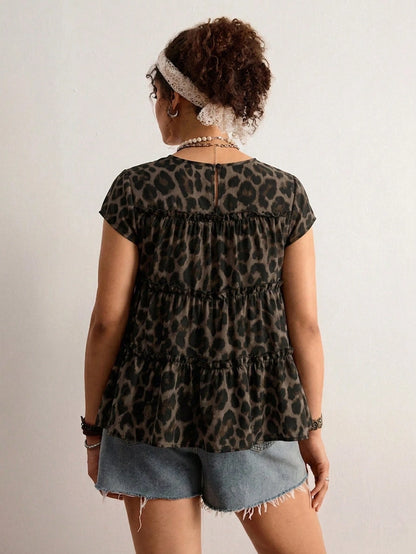 Freevana Plus Size Women's Sleeveless Layered Patchwork Blouse Vacation Chocolate Brown Summer Boho Leopard Print, Loose Fit Holiday Vacation Vacation