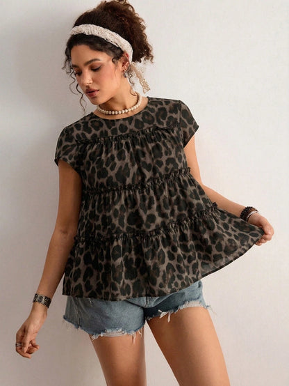 Freevana Plus Size Women's Sleeveless Layered Patchwork Blouse Vacation Chocolate Brown Summer Boho Leopard Print, Loose Fit Holiday Vacation Vacation