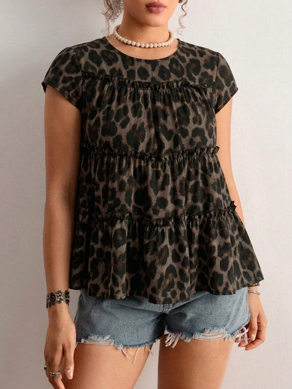 Freevana Plus Size Women's Sleeveless Layered Patchwork Blouse Vacation Chocolate Brown Summer Boho Leopard Print, Loose Fit Holiday Vacation Vacation