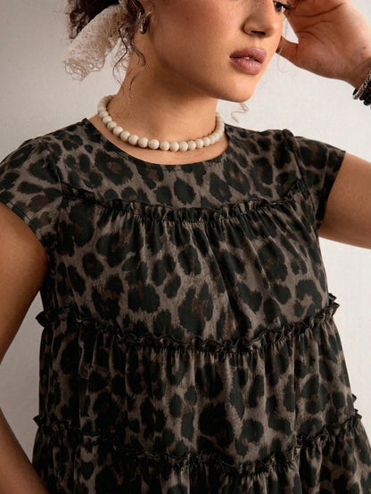 Freevana Plus Size Women's Sleeveless Layered Patchwork Blouse Vacation Chocolate Brown Summer Boho Leopard Print, Loose Fit Holiday Vacation Vacation