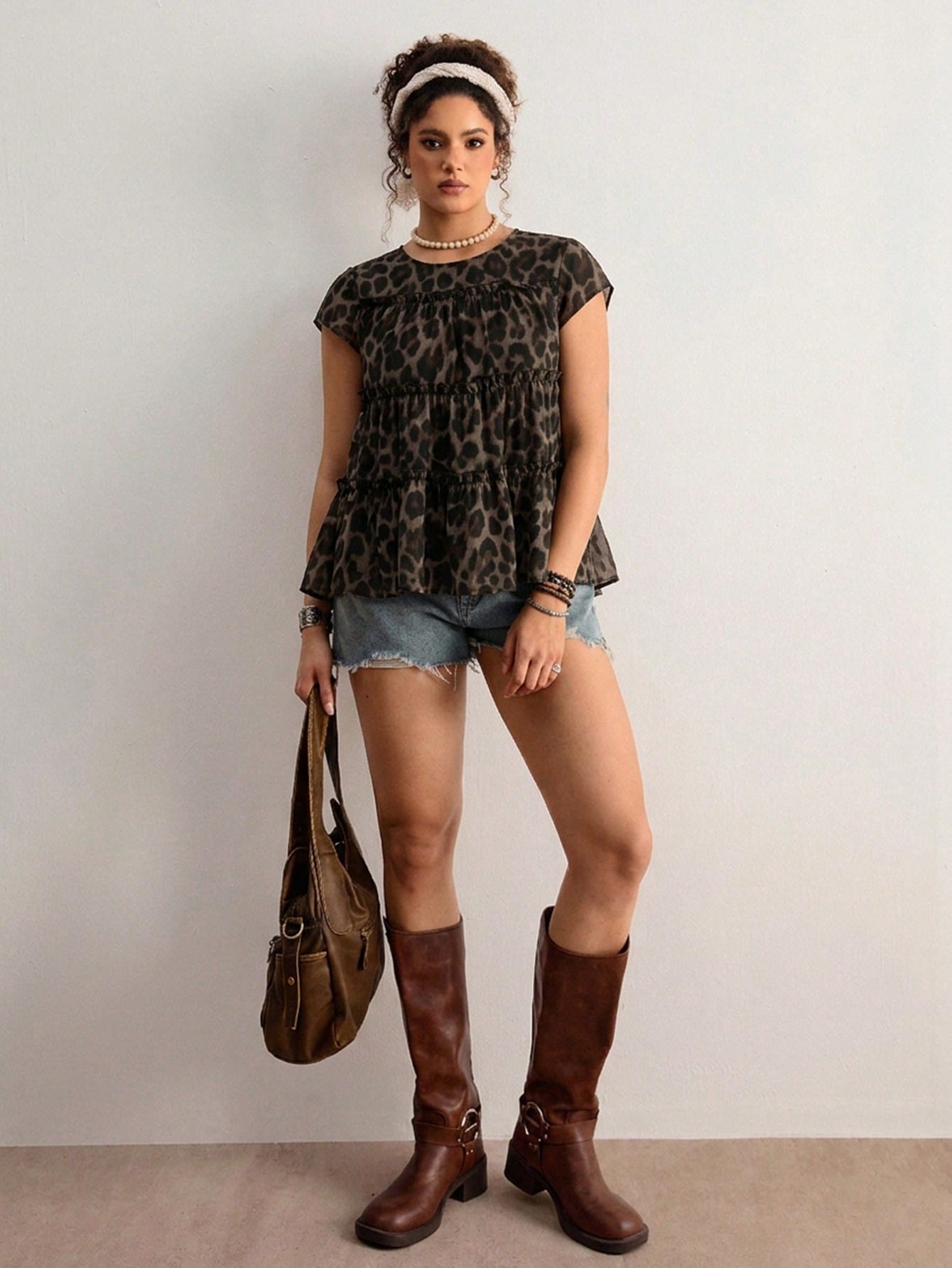 Freevana Plus Size Women's Sleeveless Layered Patchwork Blouse Vacation Chocolate Brown Summer Boho Leopard Print, Loose Fit Holiday Vacation Vacation