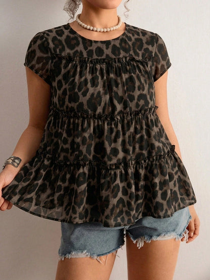 Freevana Plus Size Women's Sleeveless Layered Patchwork Blouse Vacation Chocolate Brown Summer Boho Leopard Print, Loose Fit Holiday Vacation Vacation