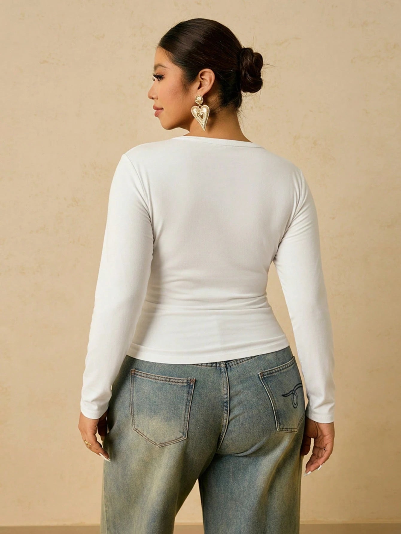 Freevana Plus Size Women White Long Sleeve Round Neck Thermal Undershirt Waist Ruched Tummy Control T-Shirt Autumn Top Brunch Teacher Office Traditional Casual