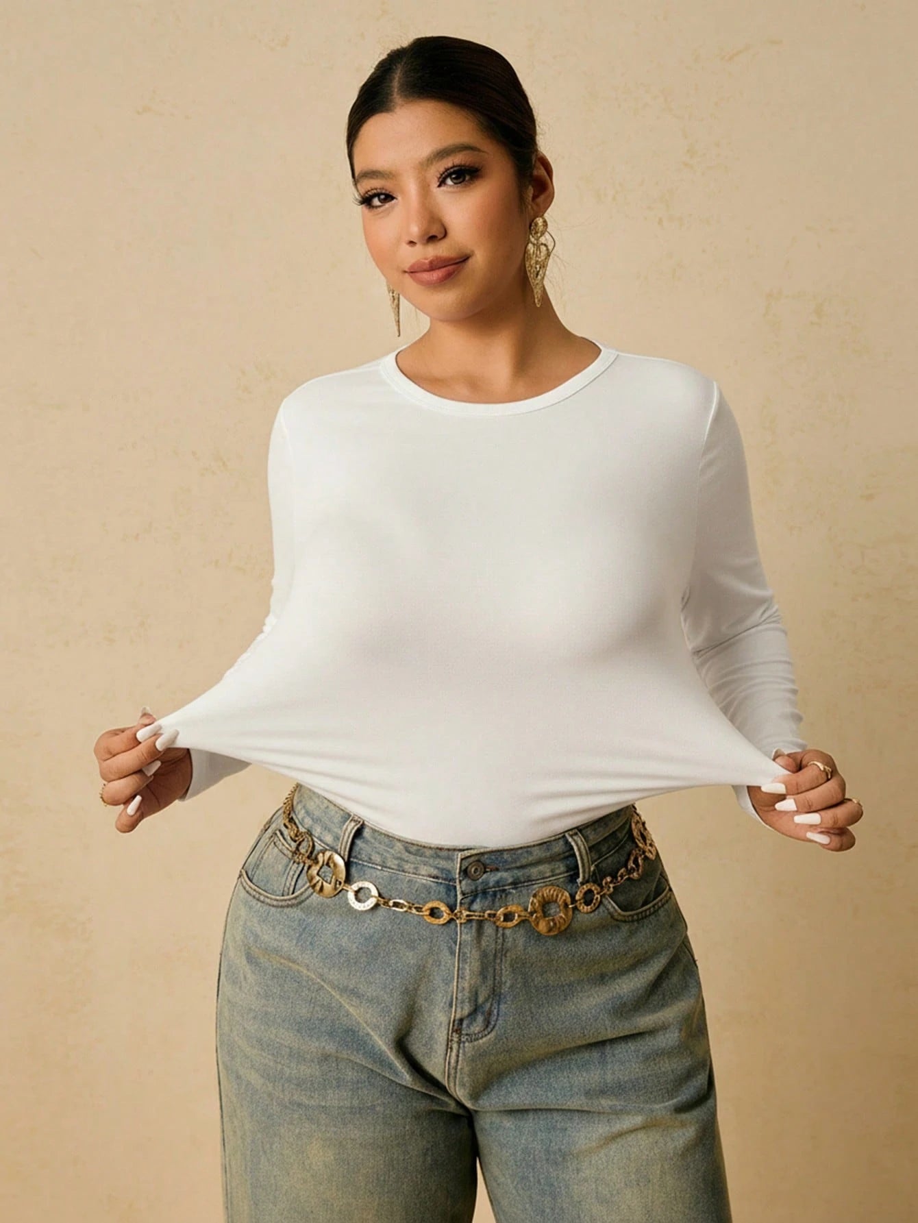 Freevana Plus Size Women White Long Sleeve Round Neck Thermal Undershirt Waist Ruched Tummy Control T-Shirt Autumn Top Brunch Teacher Office Traditional Casual