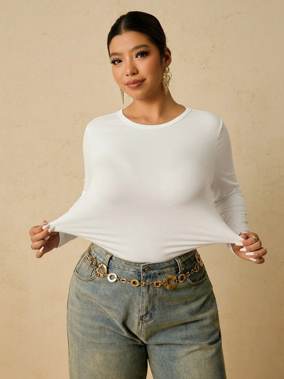 Freevana Plus Size Women White Long Sleeve Round Neck Thermal Undershirt Waist Ruched Tummy Control T-Shirt Autumn Top Brunch Teacher Office Traditional Casual