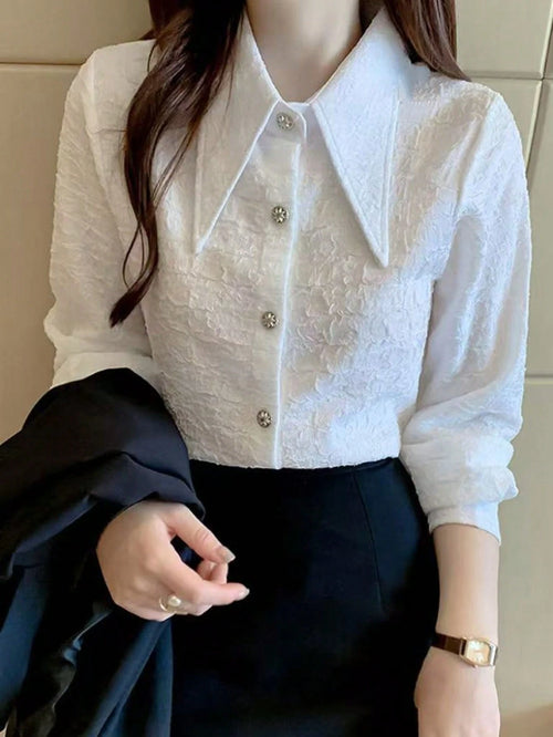 French Pointed Collar Blouse For Women, Spring & Autumn New Arrivals, Pleated Design Textured Undershirt, High-End Long Sleeve Top White