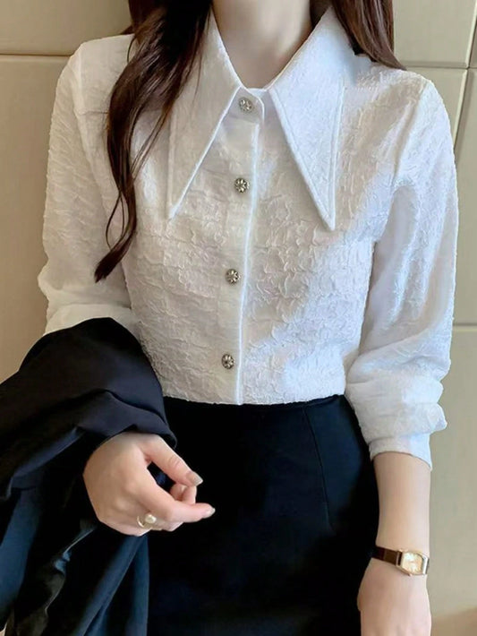 French Pointed Collar Blouse For Women, Spring & Autumn New Arrivals, Pleated Design Textured Undershirt, High-End Long Sleeve Top White