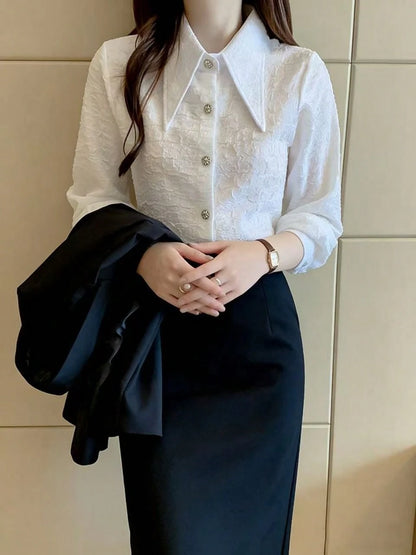 French Pointed Collar Blouse For Women, Spring & Autumn New Arrivals, Pleated Design Textured Undershirt, High-End Long Sleeve Top White