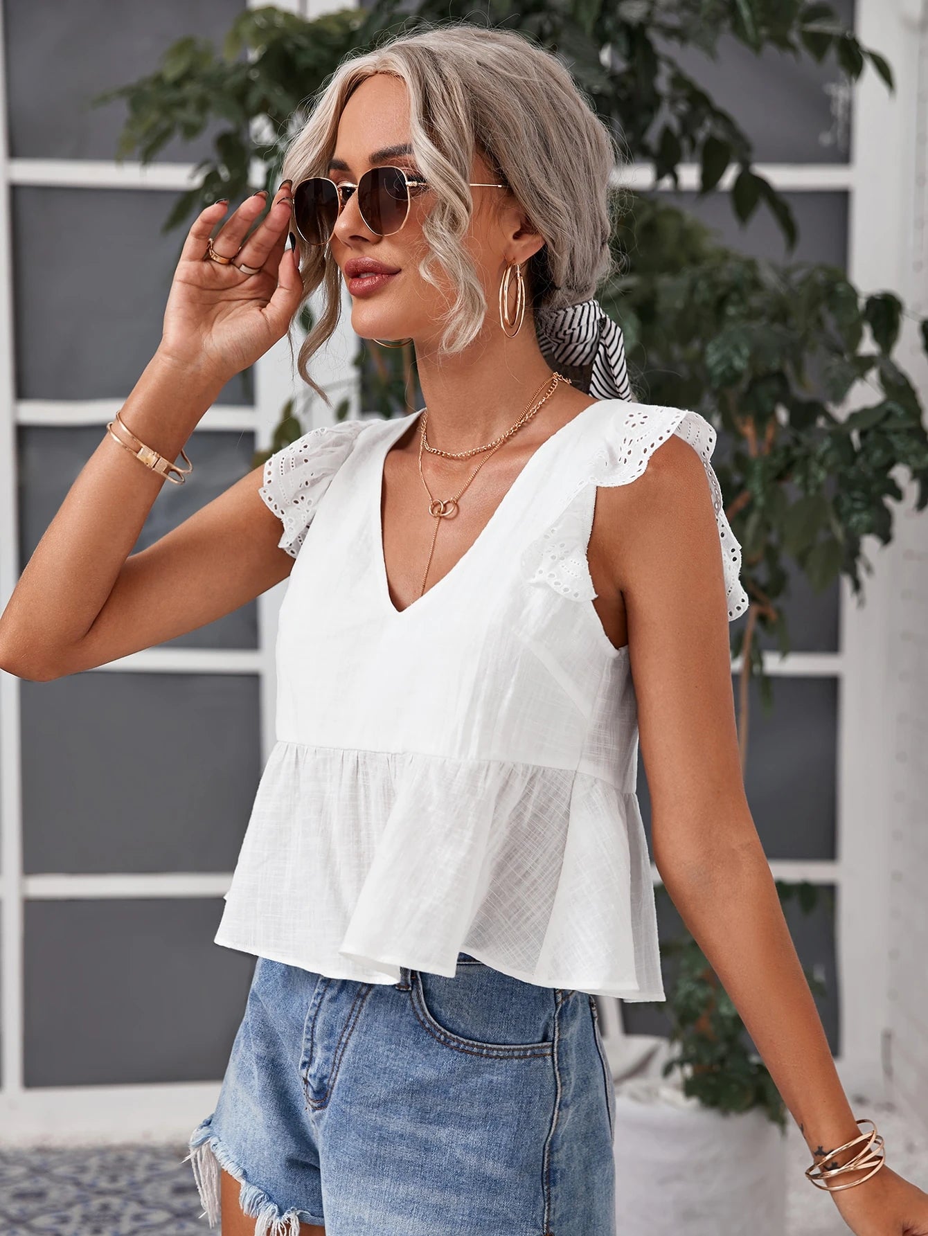 Frenchy 100% Cotton Schiffy Ruffle Trim Peplum Top White Summer Vacation Holiday Resort Elegant
