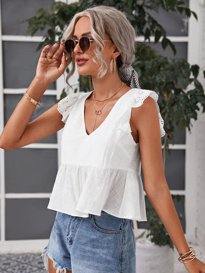 Frenchy 100% Cotton Schiffy Ruffle Trim Peplum Top White Summer Vacation Holiday Resort Elegant
