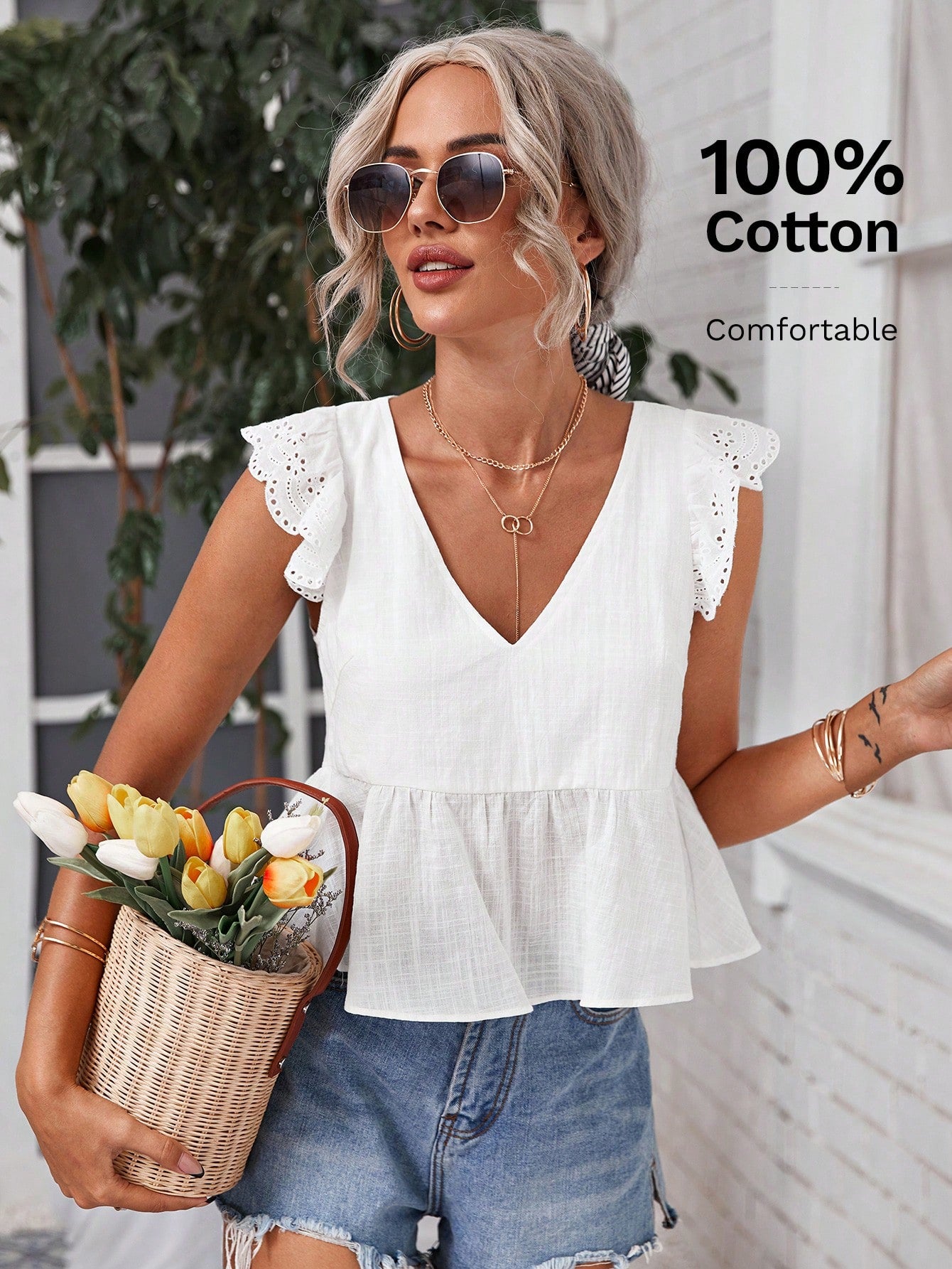 Frenchy 100% Cotton Schiffy Ruffle Trim Peplum Top White Summer Vacation Holiday Resort Elegant