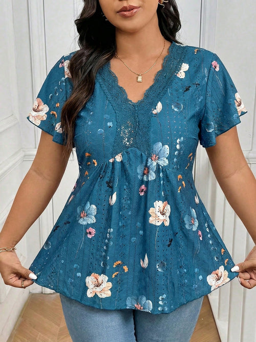 Frenchy Plus Size Tie Dye Floral V-Neck Lace Patchwork Textured T-Shirt For Women, Summer Tops