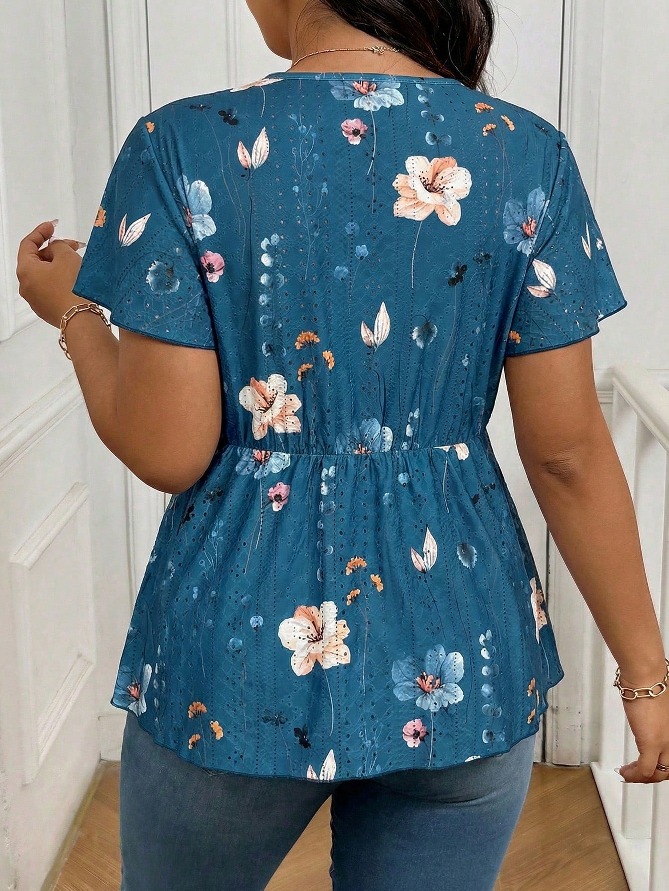 Frenchy Plus Size Tie Dye Floral V-Neck Lace Patchwork Textured T-Shirt For Women, Summer Tops