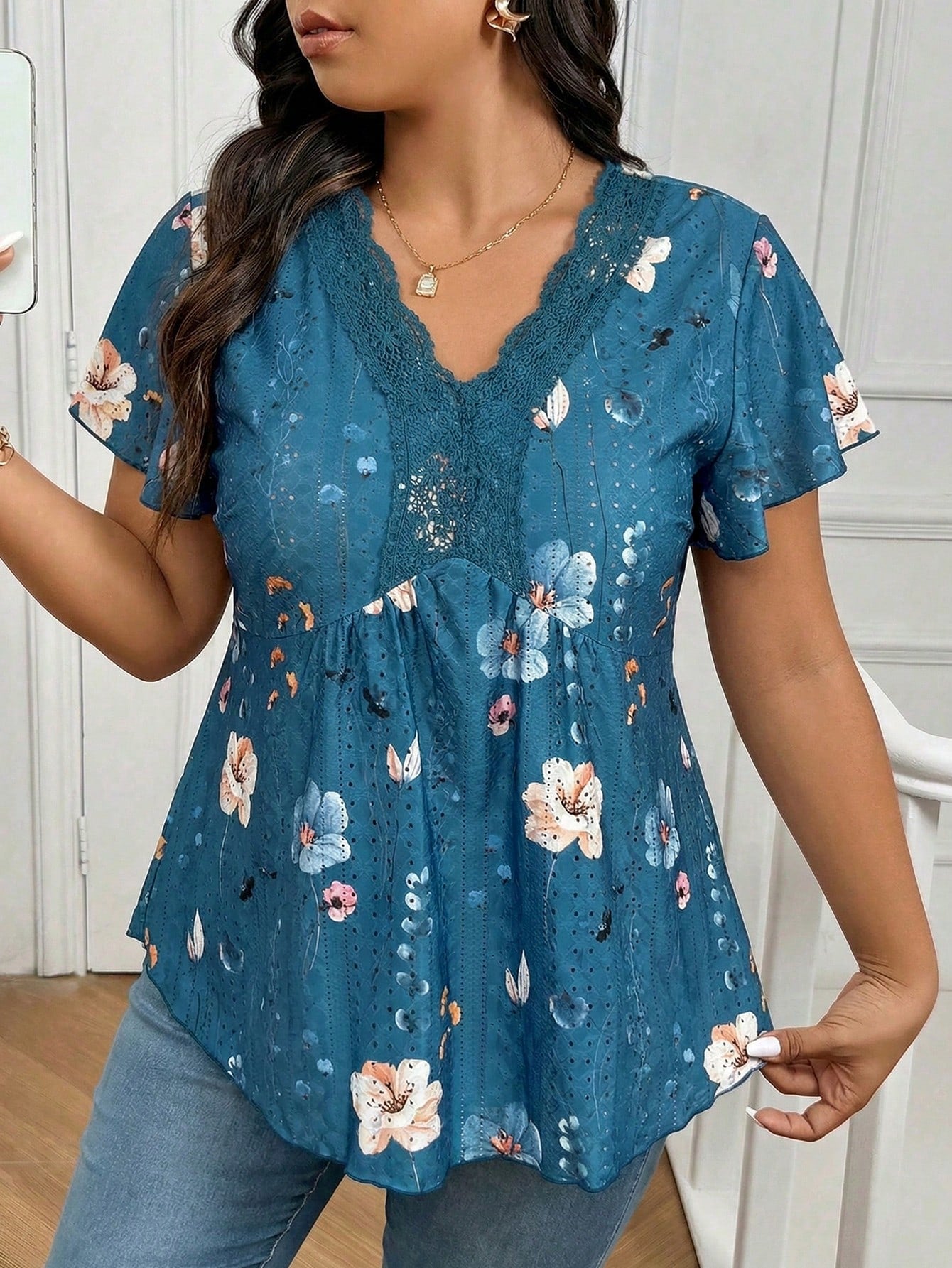 Frenchy Plus Size Tie Dye Floral V-Neck Lace Patchwork Textured T-Shirt For Women, Summer Tops