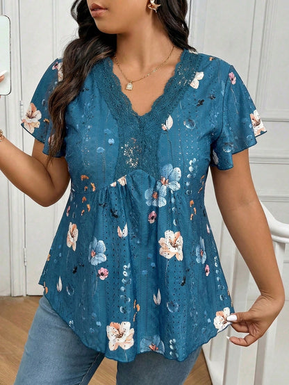 Frenchy Plus Size Tie Dye Floral V-Neck Lace Patchwork Textured T-Shirt For Women, Summer Tops