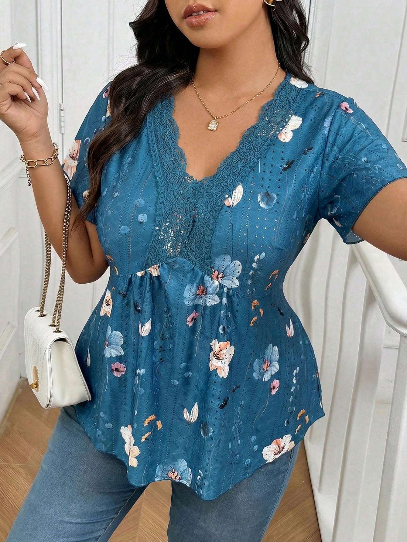 Frenchy Plus Size Tie Dye Floral V-Neck Lace Patchwork Textured T-Shirt For Women, Summer Tops