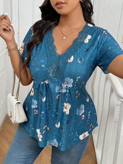 Frenchy Plus Size Tie Dye Floral V-Neck Lace Patchwork Textured T-Shirt For Women, Summer Tops