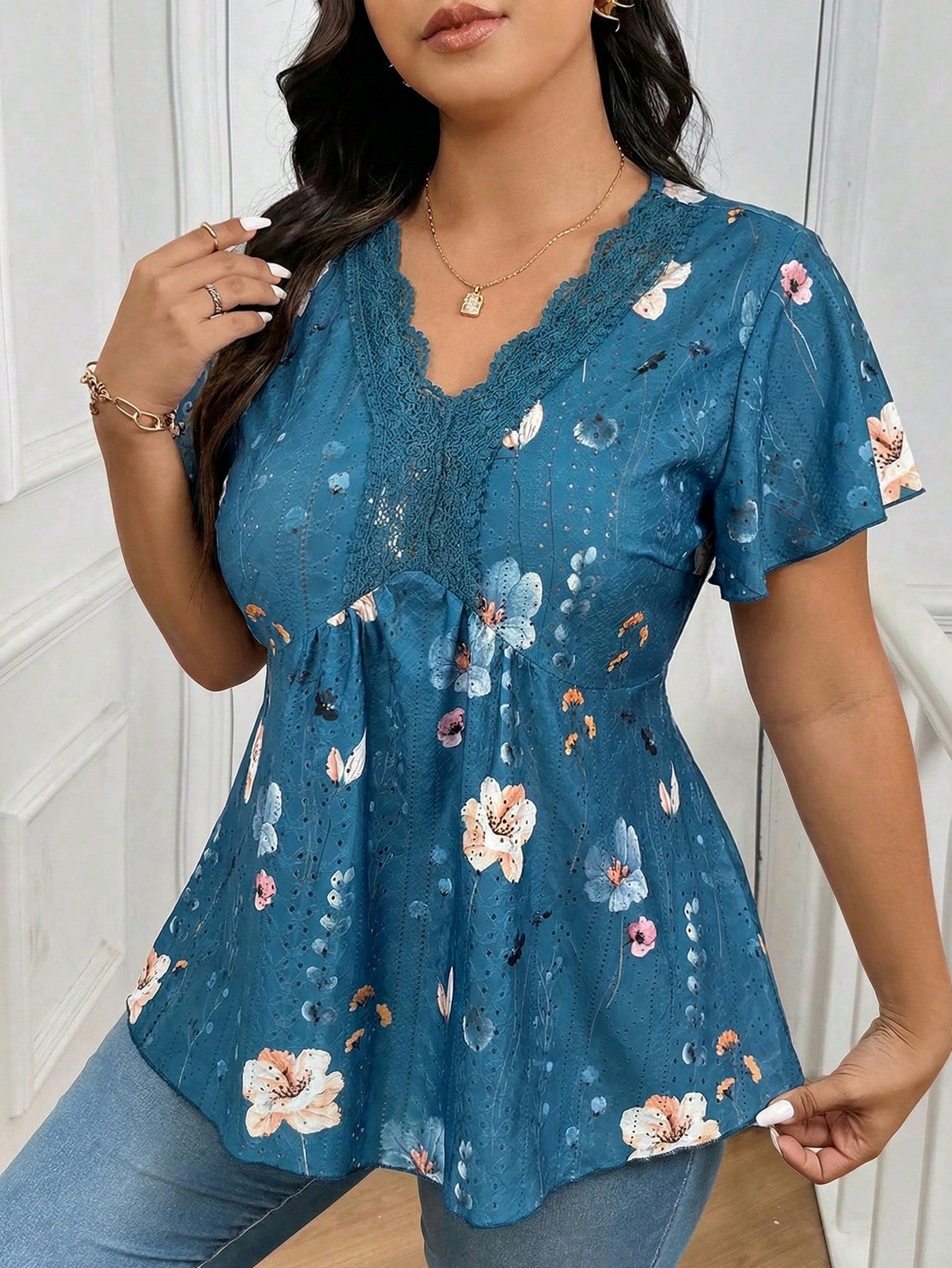Frenchy Plus Size Tie Dye Floral V-Neck Lace Patchwork Textured T-Shirt For Women, Summer Tops