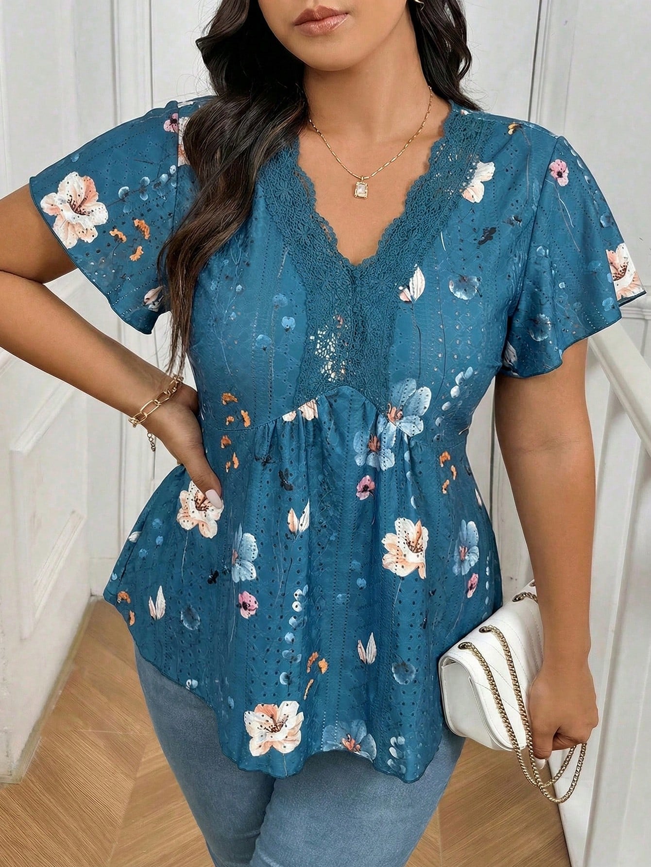 Frenchy Plus Size Tie Dye Floral V-Neck Lace Patchwork Textured T-Shirt For Women, Summer Tops