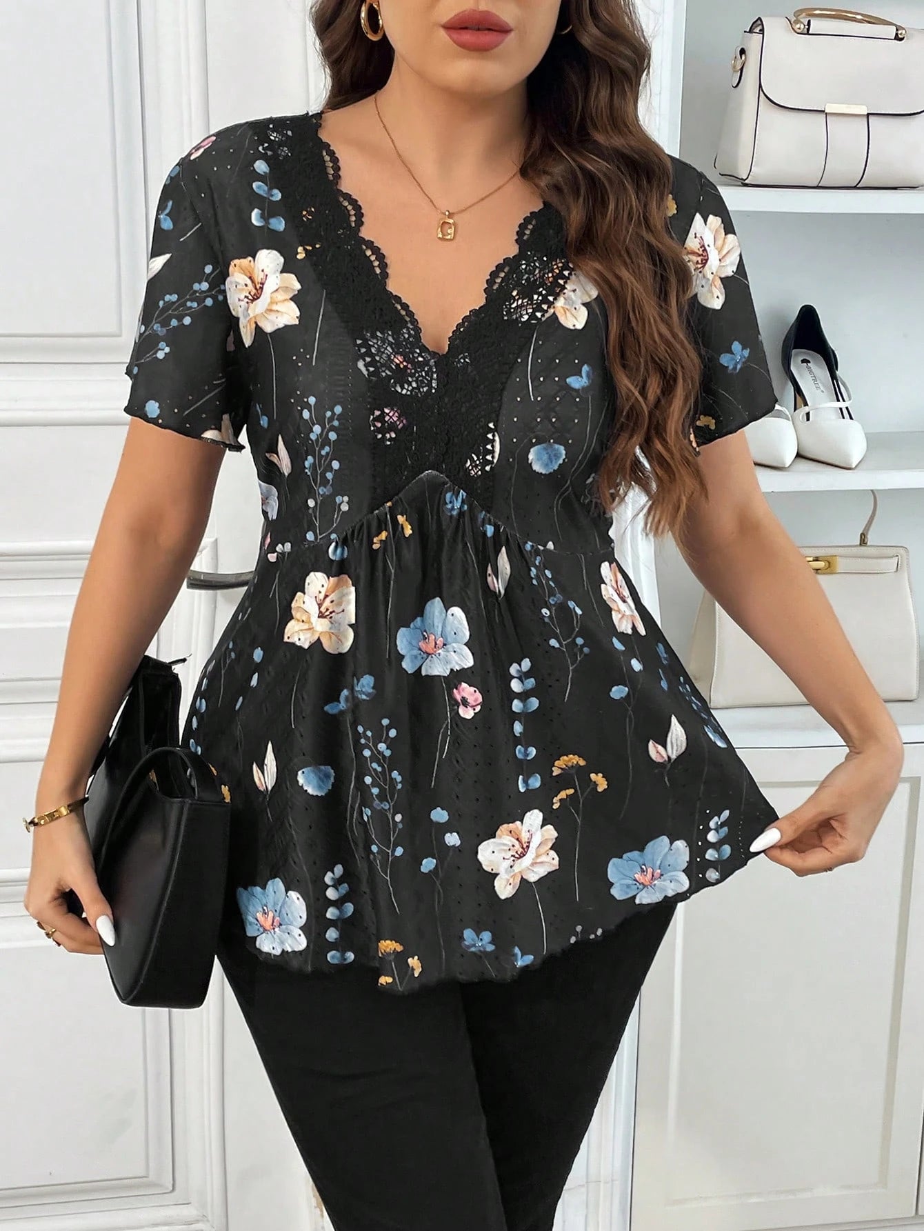 Frenchy Plus Size Tie Dye Floral V-Neck Lace Patchwork Textured T-Shirt For Women, Summer Tops