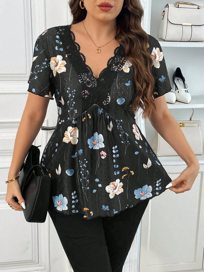 Frenchy Plus Size Tie Dye Floral V-Neck Lace Patchwork Textured T-Shirt For Women, Summer Tops