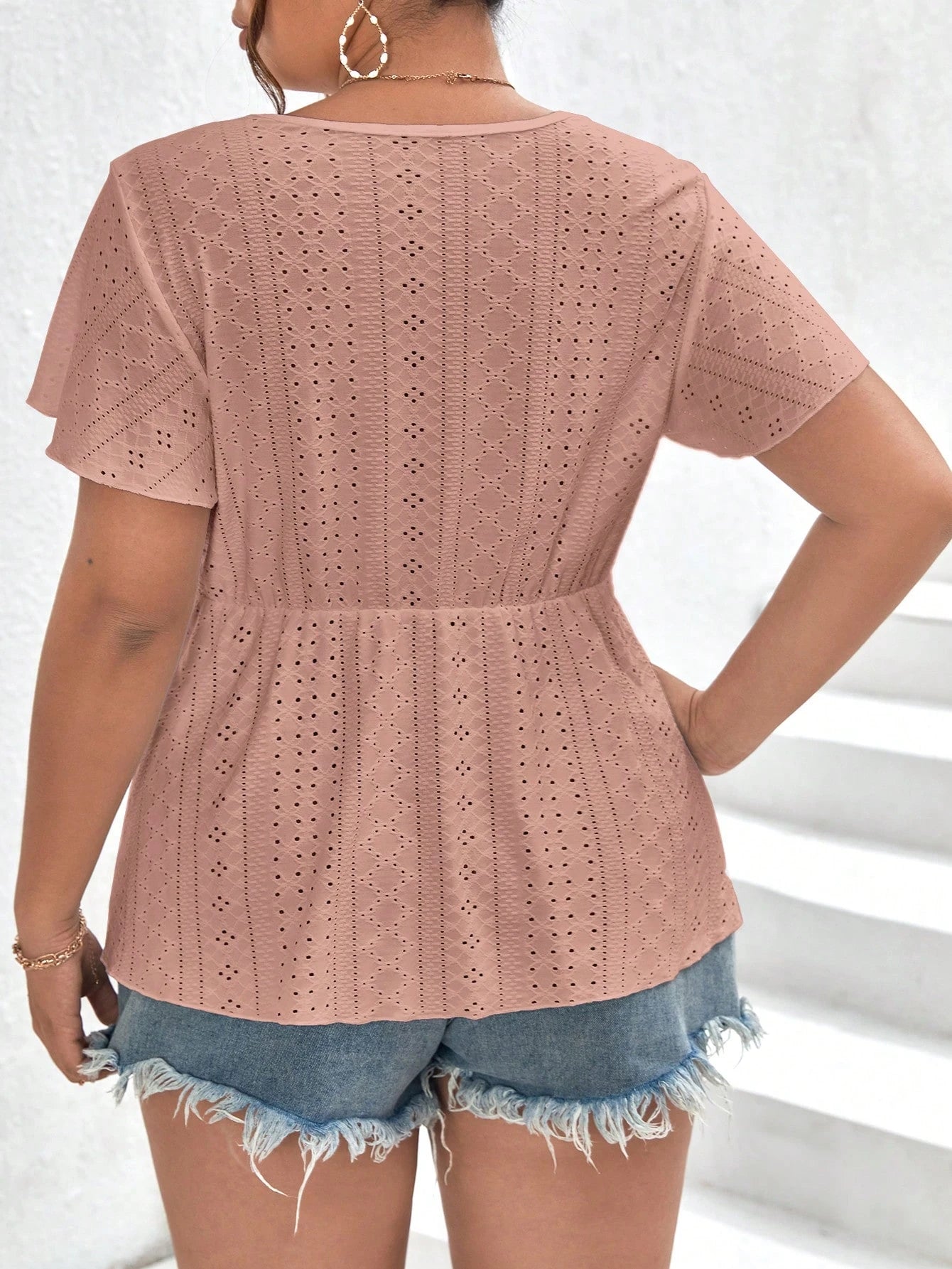 Frenchy Plus Size Women's Lace Patchwork Ruffle Short Sleeve T-Shirt