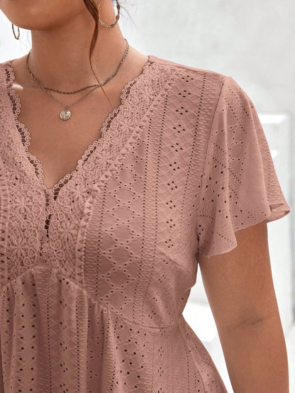 Frenchy Plus Size Women's Lace Patchwork Ruffle Short Sleeve T-Shirt