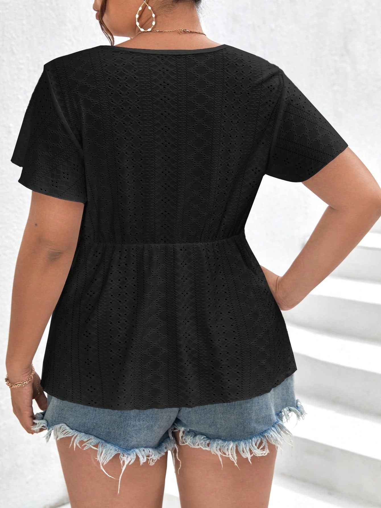 Frenchy Plus Size Women's Lace Patchwork Ruffle Short Sleeve T-Shirt