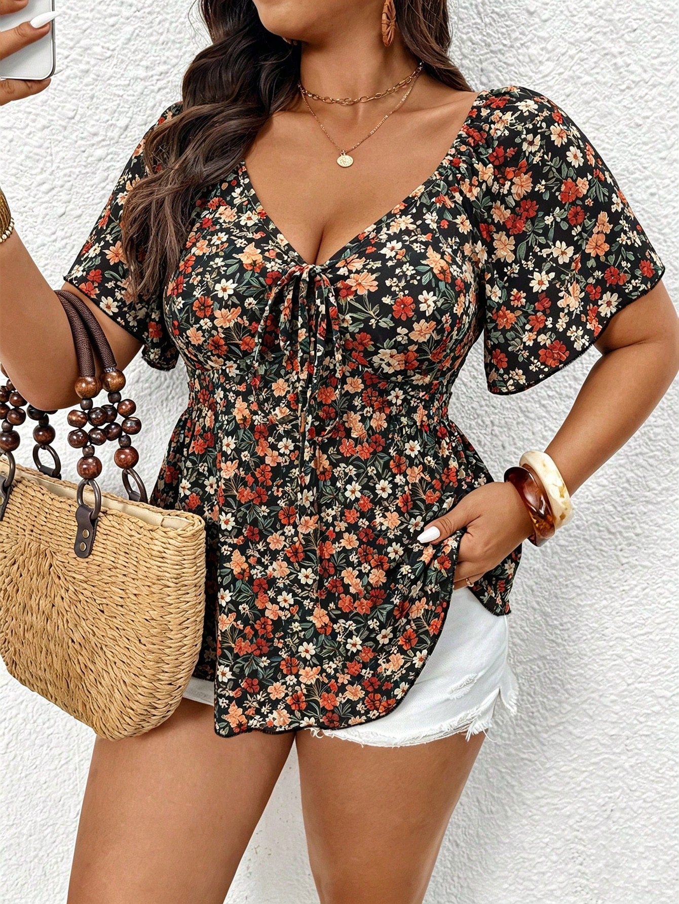 Frenchy Summer Bohemian Style Casual Top With Small Ditsy Floral, Ruffle Sleeves And Ruffle Hem, Plus Size T-Shirt