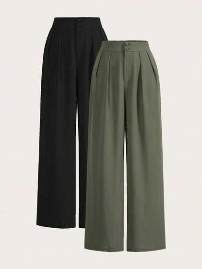Frenchy Summer High-Waisted Pants Multi-Piece Set, Wide Leg Pants High Waist Fold Pleated Wide Leg Pants, Loose Fit, Long Pants Chic Green Casual Christmas
