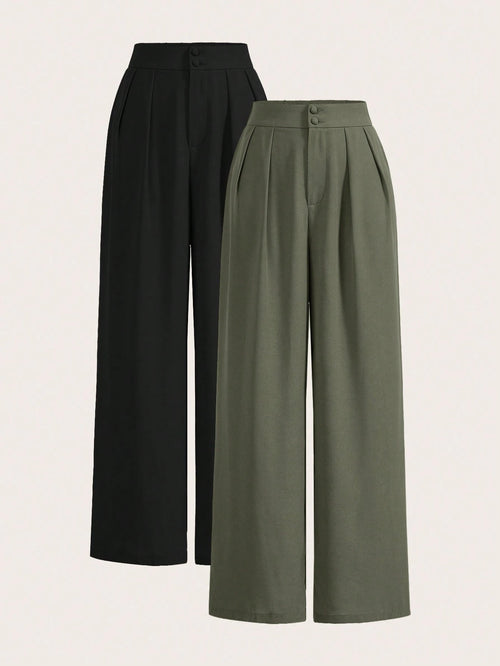 Frenchy Summer High-Waisted Pants Multi-Piece Set, Wide Leg Pants High Waist Fold Pleated Wide Leg Pants, Loose Fit, Long Pants Chic Green Casual Christmas