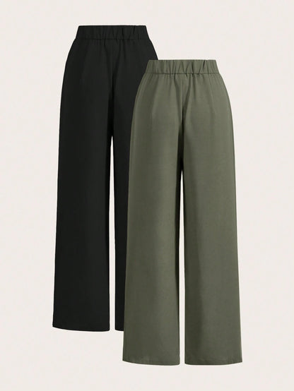 Frenchy Summer High-Waisted Pants Multi-Piece Set, Wide Leg Pants High Waist Fold Pleated Wide Leg Pants, Loose Fit, Long Pants Chic Green Casual Christmas